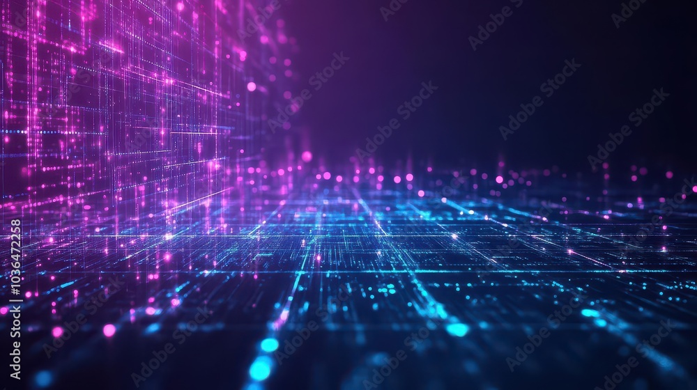 Poster big data flow, neon light streams, abstract digital grid, glowing data points, futuristic tech backg