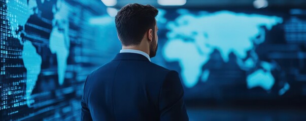 Businessman analyzing world map data