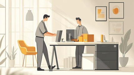 Two men are cleaning and organizing in the office