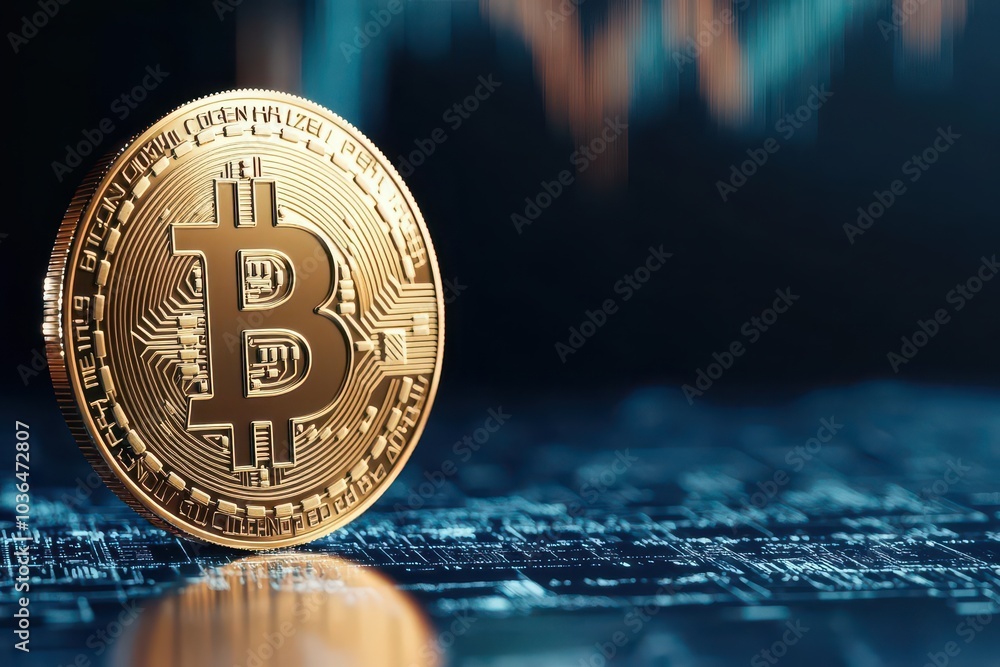 Aufkleber Bitcoin coin with blockchain network flat design side view cryptocurrency theme 3D render Triadic Color Scheme