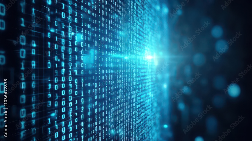 Aufkleber Blue binary code lines cascading in a matrix grid, side view, illustrating digital information transfer, digital tone, Complementary Color Scheme