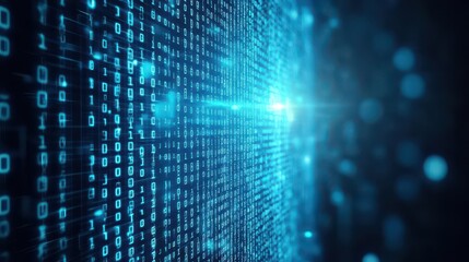 Obraz premium Blue binary code lines cascading in a matrix grid, side view, illustrating digital information transfer, digital tone, Complementary Color Scheme
