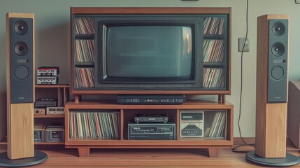 A vintage 80s entertainment center complete with a bulky wooden TV cabinet