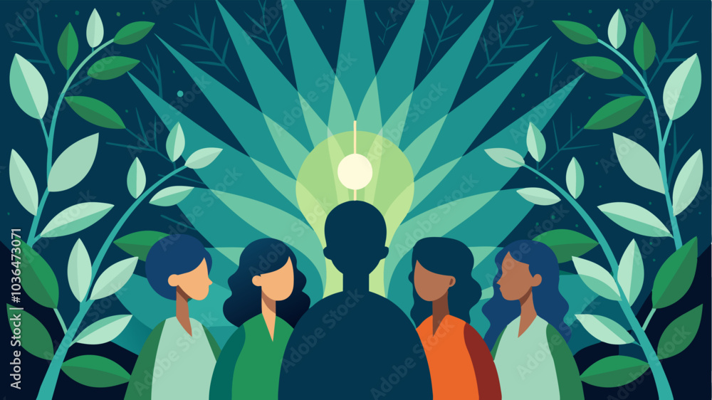 Poster slivers of sunlight peek through the leafy canopy illuminating the group and symbolizing the inner l
