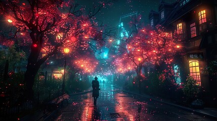 Fototapeta premium Rainy Night in a City with Glowing Trees