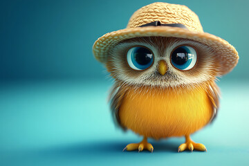 Obraz premium A cute, cartoonish owl with big eyes wearing a straw hat, set against a soft blue background.