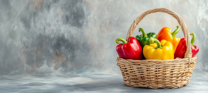 basket of fresh colorful raw bell pepper capsicum copy space for text