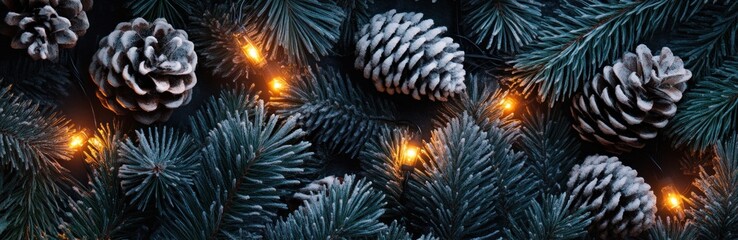 Fototapeta premium Frosted pinecones in fir branches with glowing lights. Cozy Christmas banner. Banner.