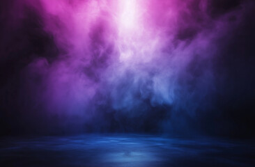 Hyper-Realistic Dark Room with Fog, Neon Lights, Empty Stage, and Concrete Background for a Mysterious Vibe