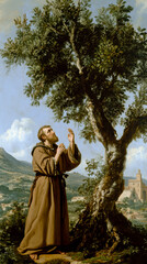 Fototapeta premium st Francis of Assisi, young man, monk, beard, brown clothing, AI generative.
