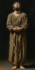 st Francis of Assisi, young man, monk, beard, brown clothing, AI generative.
