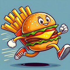 cute burger and chips, fast food symbol, hamburger running isolated on blue background