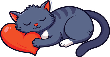 Fototapeta premium Sleeping Cat Holding Red Heart Love Animal