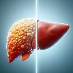 A conceptual medical illustration showing the comparison between a fatty liver and a healthy liver