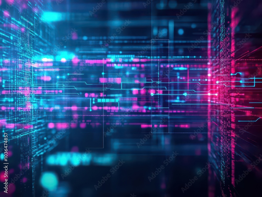 Aufkleber Cyber data grid, holographic tech elements, pulsing neon lights, dark abstract background