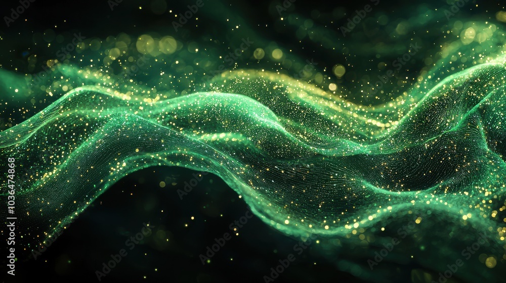 Poster delicate green and gold shimmering waves undulating in a dark background with a mystical and enchant