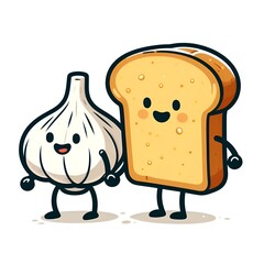 a cute clove of garlic holding hands with a slice of bread