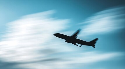 blurred image of a Boeing jet cutting through the clear sky,