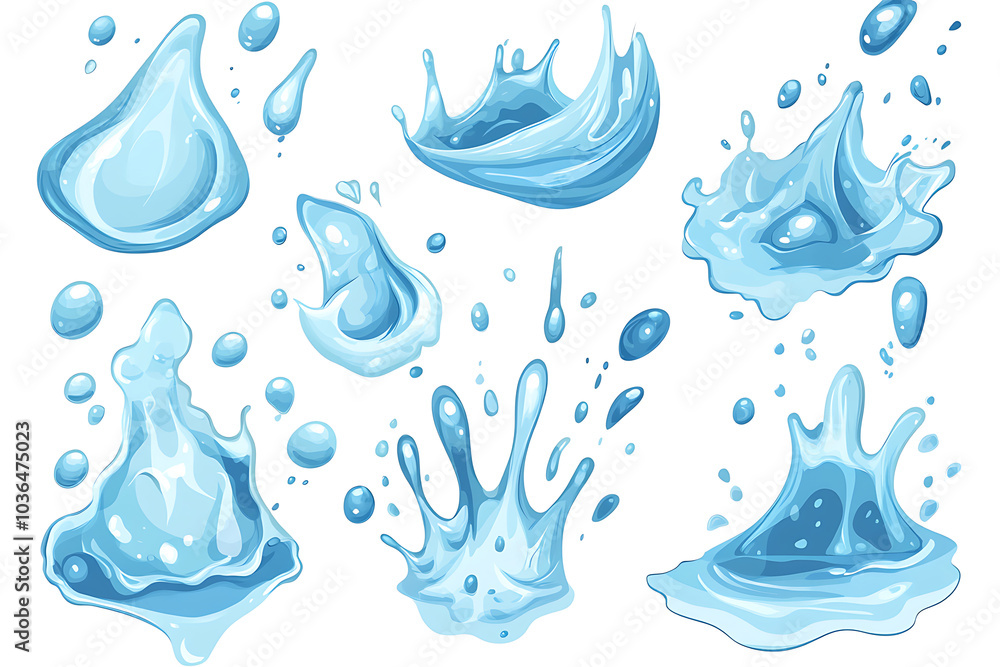 Poster a collection of water droplets and splashes in various shapes and sizes.