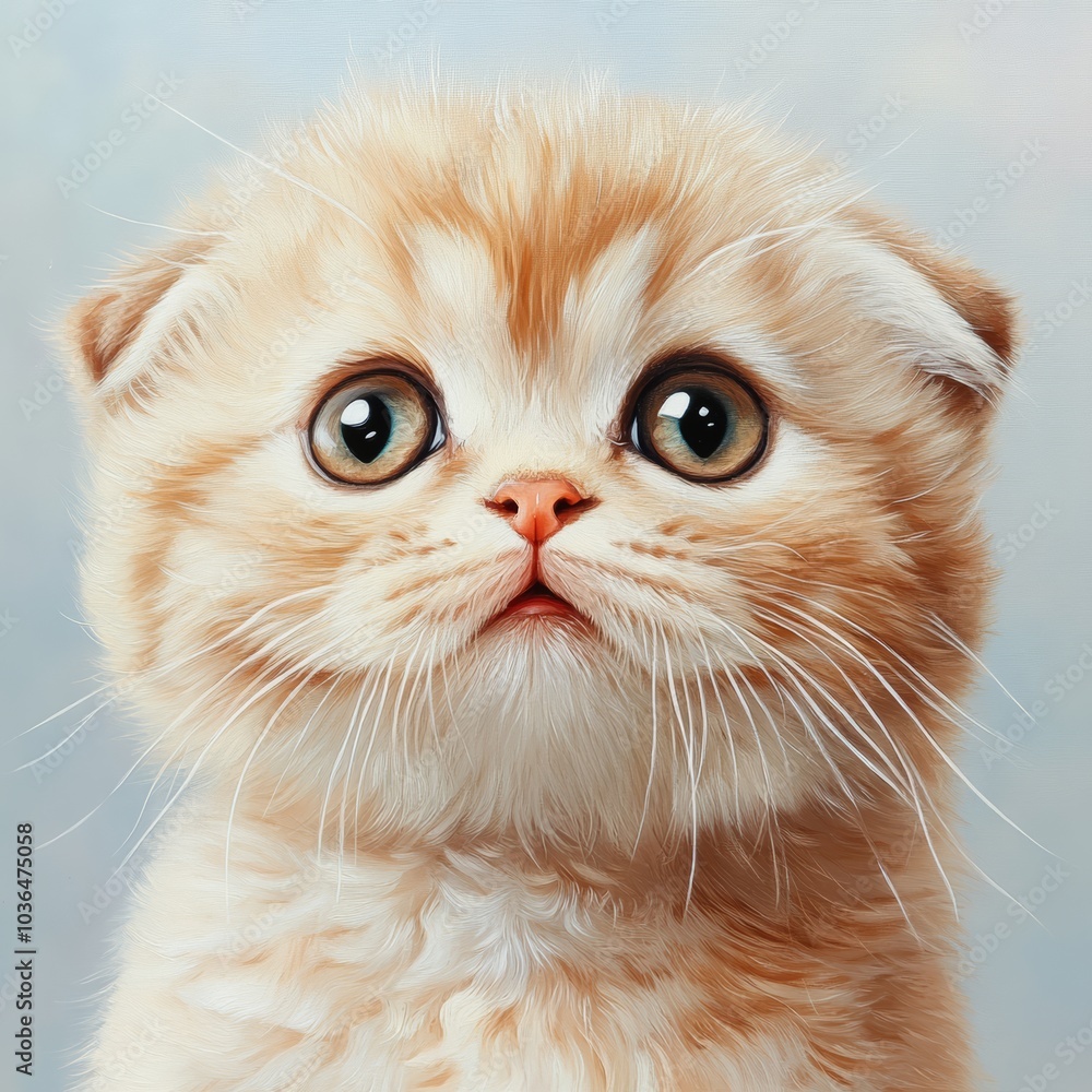 Poster a close-up of a fluffy scottish fold kitten, its big eyes and distinct features radiating charm and 