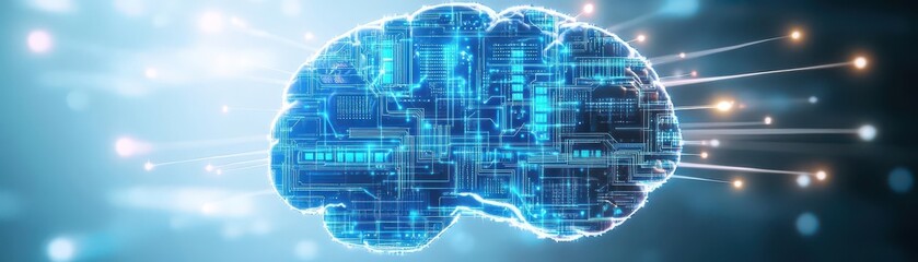 Obraz premium Cybernetic brain with circuit boards and data cables, emitting glowing data points, scifi aesthetic, detailed 3D render, electric blue and white