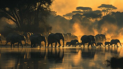  Elephants traverse a golden river in Amboseli National Park, Kenya, silhouetted against the sunrise in a breathtaking African landscape
