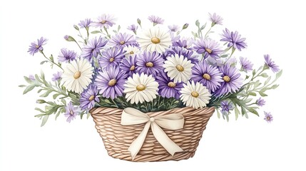 Watercolor illustration of a wicker basket filled with purple and white daisies.