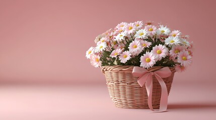 Pink daisies in a wicker basket with a pink ribbon on a pink background.