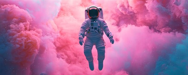 A solo astronaut floats in vibrant pink and blue clouds, symbolizing adventure and exploration in the vastness of space.