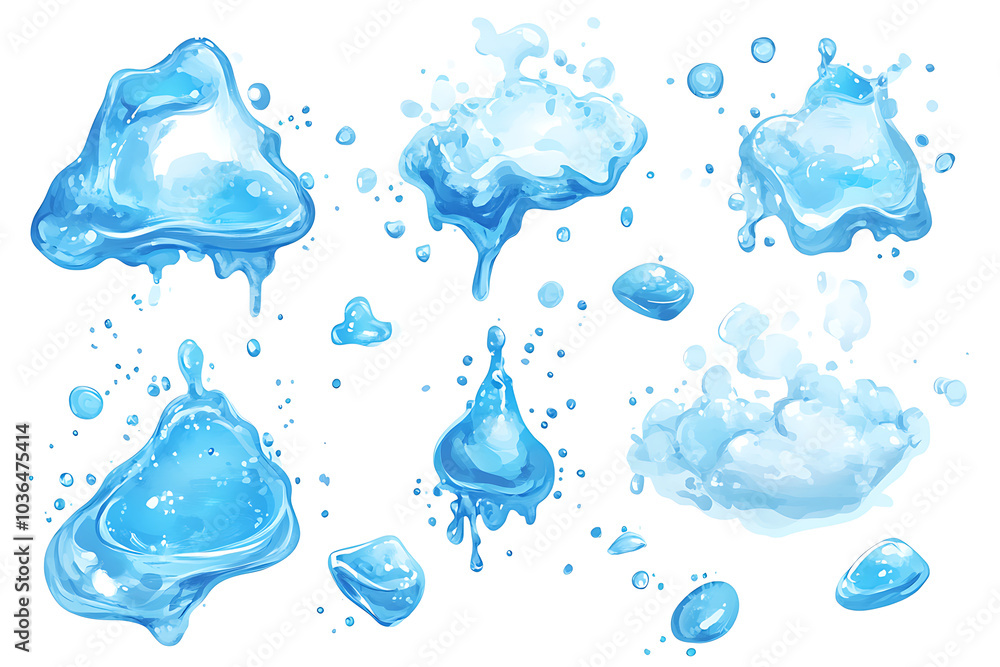 Poster a collection of stylized water droplets and splashes in various shapes and sizes.