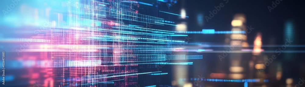 Poster Digital city skyline merging with data lines and pixels close up