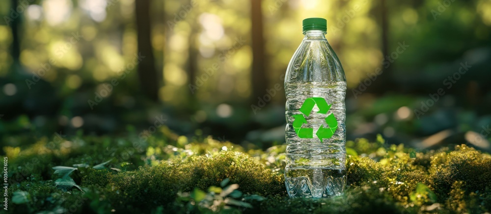 Wall mural A plastic water bottle with a recycling symbol on it sits on a bed of moss in a forest.