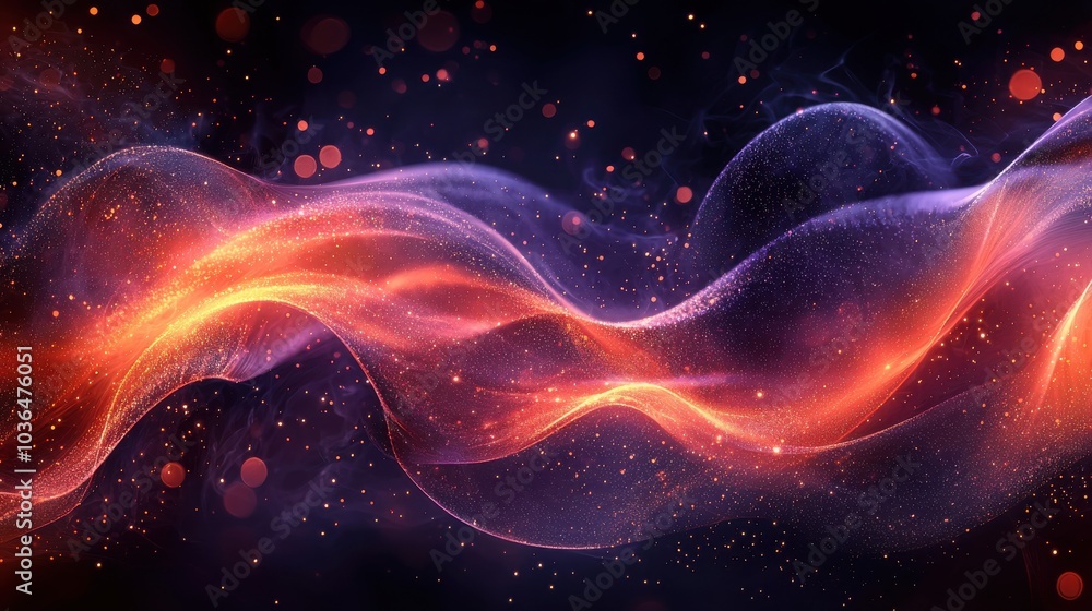 Poster colorful abstract wave design representing energy and movement in a dark space with glowing particle