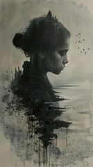 Melancholy Portrait: Woman with Cityscape Silhouette