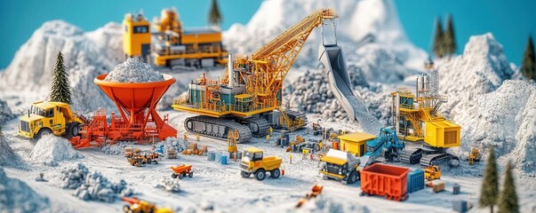 Toy construction vehicles in a snowy mountain landscape.