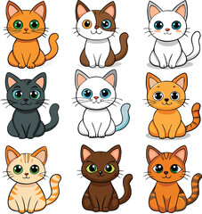 Nine Adorable Cartoon Cats in Various Poses
