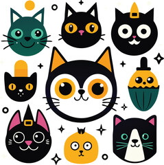 Cute Halloween Cat Faces Cartoon Illustration