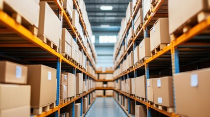 Fototapeta premium Efficient storage system, tall shelves filled with boxes, clean warehouse setup