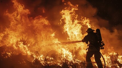 Firefighter Combatting Wildfire with Water Hose