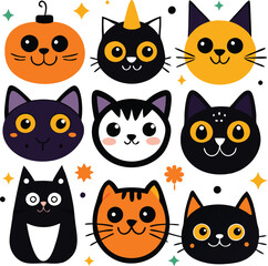 Fototapeta premium Cute Halloween Cat Faces with Pumpkin