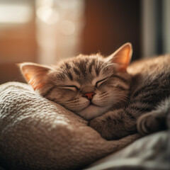 Sleeping cat on soft pillow, soft natural light highlights his fur, calm and cozy atmosphere, blurred background with unobtrusive home decor