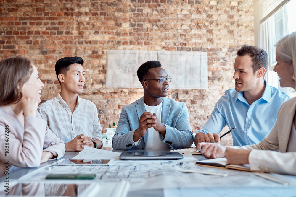 Poster Man, group and architect in meeting, office and circle with ideas, blueprint and sketch with project. Team, advice and scrum with floor plan, creative or diversity for property development at startup