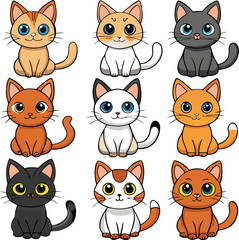 Nine Adorable Cartoon Cats with Different Colors