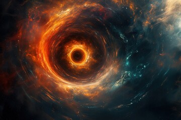 A large black hole with a bright orange center background.