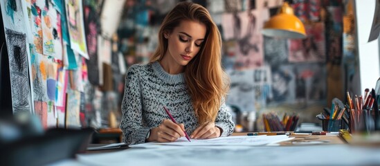 Fototapeta premium Focused young woman artist drawing at her desk.