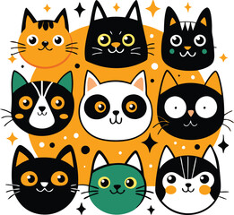 Cute Cartoon Cat Faces in Black, White, and Yellow