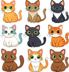 Nine Adorable Cartoon Cats with Different Colors
