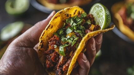 Close-up of a hand holding a taco al Pastor with lime wedges on the side. 