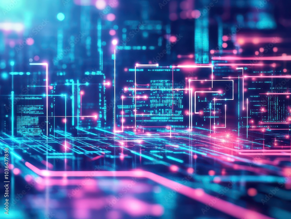 Aufkleber Futuristic cityscape with glowing pathways and data streams close up