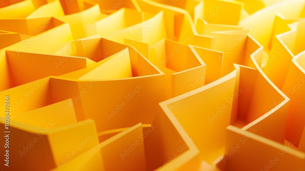 Aufkleber Abstract folded paper effect. Bright colorful yellow background. Maze made of paper. 3d rendering. 